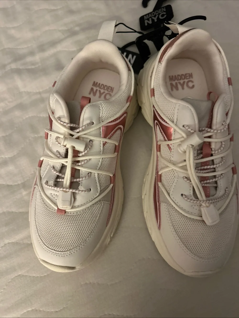 Madden NYC Kids White Sneakers with Pink Metallic Detail